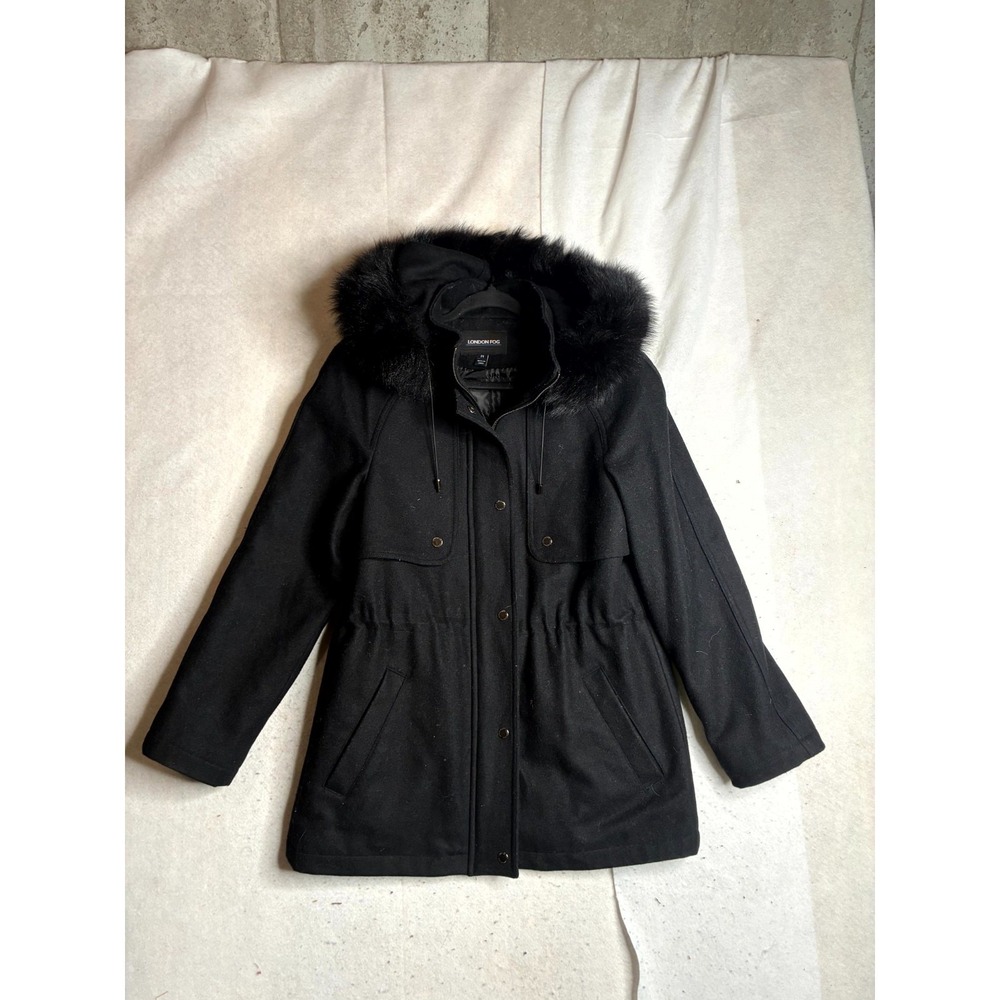 London Fog Parka Jacket Womens Medium Black Faux Fur Trim Hooded Snap Inside Zip